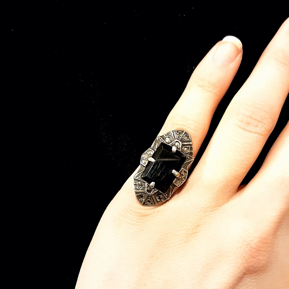 Vintage 1920's Pewter and Glass Costume Ring